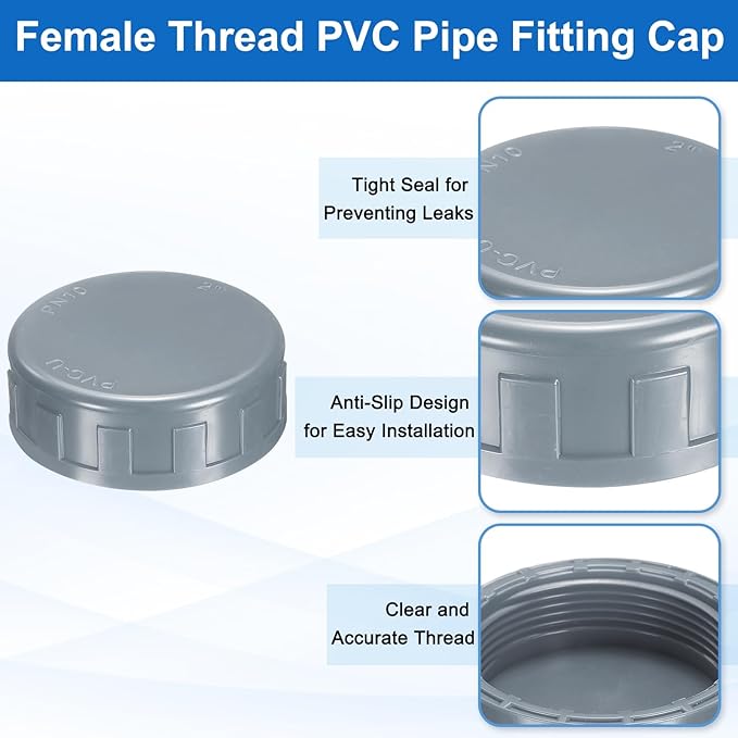 uxcell 5Pcs 2 Inch PT Female Thread PVC Pipe Fitting Cap, Cleanout Water Drain End Caps, Pipe Plug Socket Fittings with Gasket for Water Heater Supply Lines, Plumbing, Gray