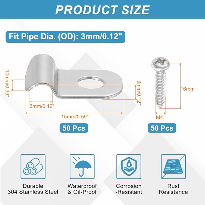uxcell 50Pcs 3mm(1/8") One Hole Rigid Pipe Strap, 304 Stainless Steel Conduit Clamp Thicken U Bracket Heavy Duty Pipe Clamp with Self-Tapping Screws for Fixing Tube Cable, Silver