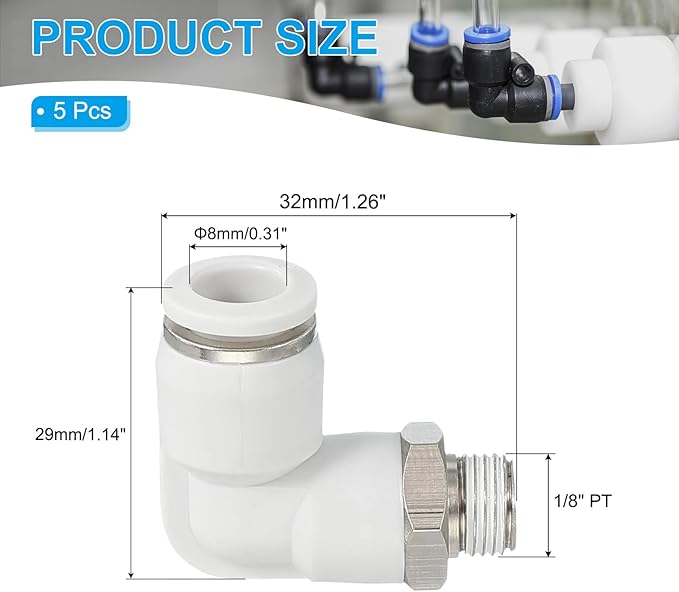 PATIKIL Push to Connect Fitting, 10 Pack Pneumatic Air Elbow Quick Connector 1/8"PT Male Thread x 8mm Tube 90 Degree Connect Tubing Elbow Air Tube Fitting Pneumatic Quick Adapter, White