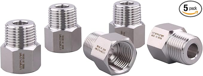 Forged Reducer Adapter Fitting - Stainless Steel 304 Reducing Pipe Connector, 1/2" NPT Female x 1/2" NPT Male (pack of 5)