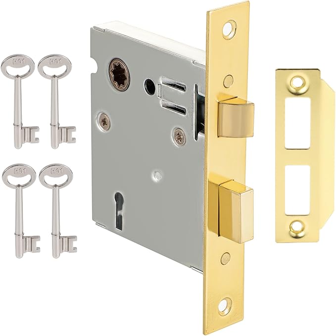 Mortise Lock Set Interior Door, Old Door Lock Replacement Parts, Antique Vintage Door Lock Hardware, Skeleton Keys and Reversible Latch, Mortise Lock Kit, Polished Brass Finish