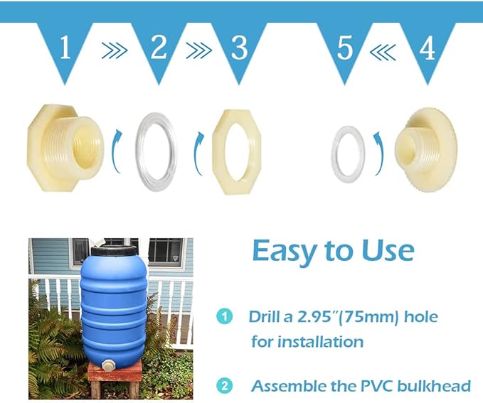 Quickun 2" ABS Bulkhead Water Tank Connector Adapter Fitting with Plugs Thru-Bulk Pipe Fitting (Set of 1)