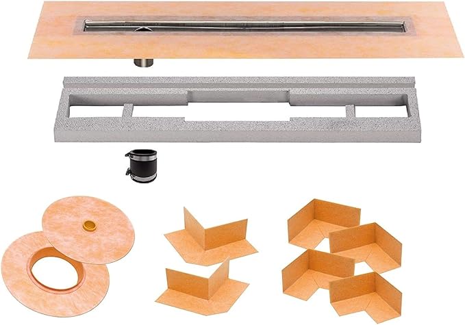 All-in-one Waterproof Linear Shower Drain Kit with 40 Inch Off-set Outlet Channel Body (KL1VO60E100) and Drain Grate Assembly (Cover) in Solid Design with Brushed Stainless Steel Finish (KL1AR19EB100)