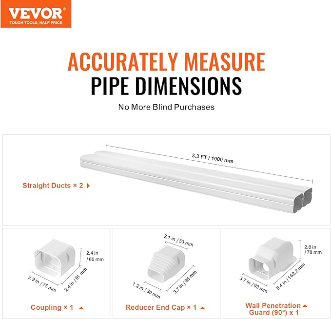 VEVOR Mini Split Line Set Cover 3-inch W 7.4Ft L, PVC Decorative Pipe Line Cover for Air Conditioner with 2 Straight Ducts & Full Components Easy to Install, Paintable for Heat Pumps, White