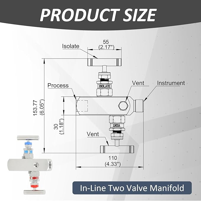 2 Valve Manifold 316 Stainless Steel 2 Way High Pressure Manifold Gas Distributor for Pressure Gauges and Pressure Transmitters from Rosemount, Siemens, Honeywell, E+H.