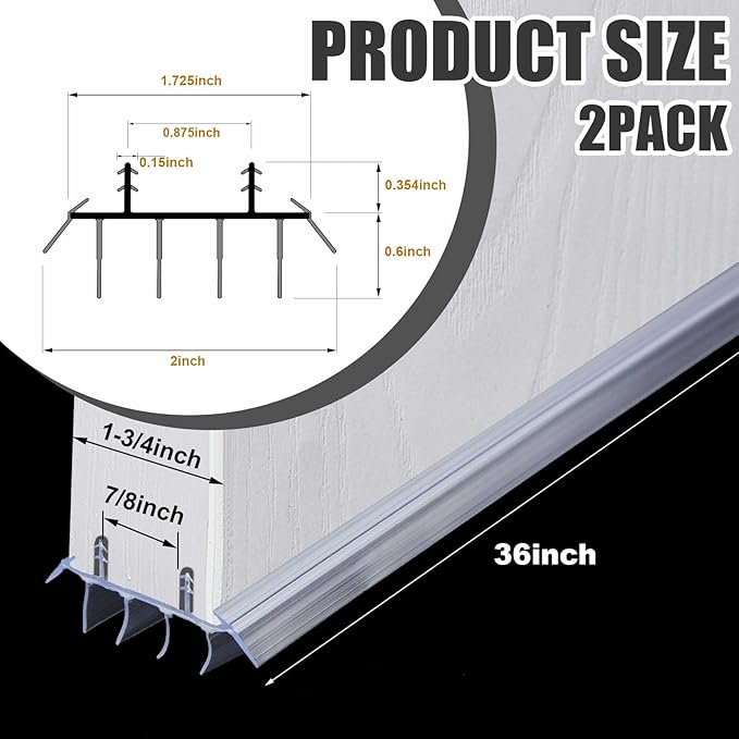 Replacement Door Bottom with Vinyl Fins 36" Long 1 3/4" Wide Threshold Seal Bottom of Door Weatherstrip Kerf Weather Stripping for 7/8" Between Barbs(2 Pcs,Transparent)