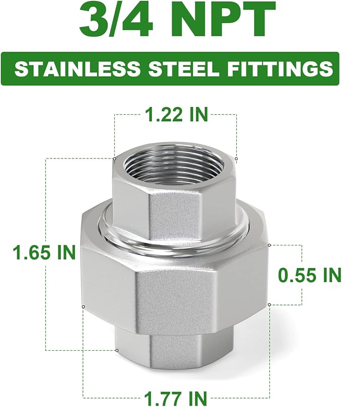 TAISHER 2PCS 304 Stainless Steel Union，3/4" NPT Female Cast Pipe Fitting