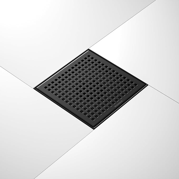 Square Shower Drain 8", 304 Stainless Steel Floor Drain with Grid Drain Cover & Hair Strainer, Shower Drain w/CUPC Certified, Matte Black