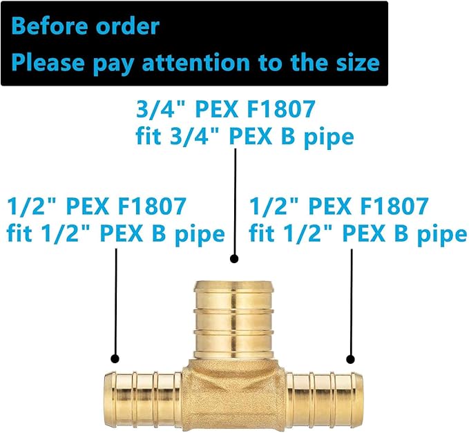 10 Pack Brass PEX Reducing Tee, 1/2" to 3/4" PEX F1807 Tee Fitting