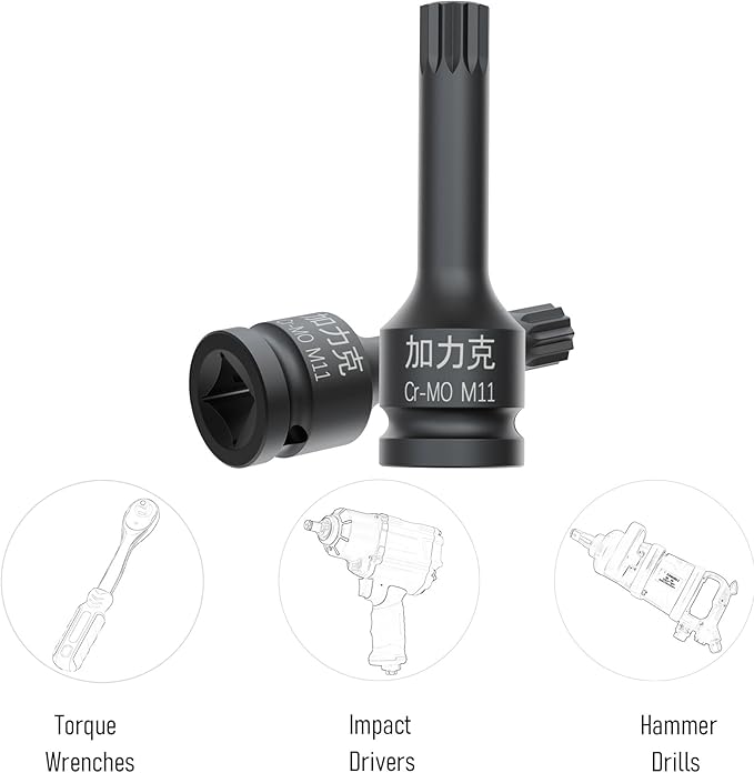 1/2-Inch Drive x M11(11mm） Impact XZN Triple Square Spline Bit Socket, Metric Lengthen Screwdriver Socket Adapter, 3-Inch Length, CR-MO Steel, One-Piece Construction, Black