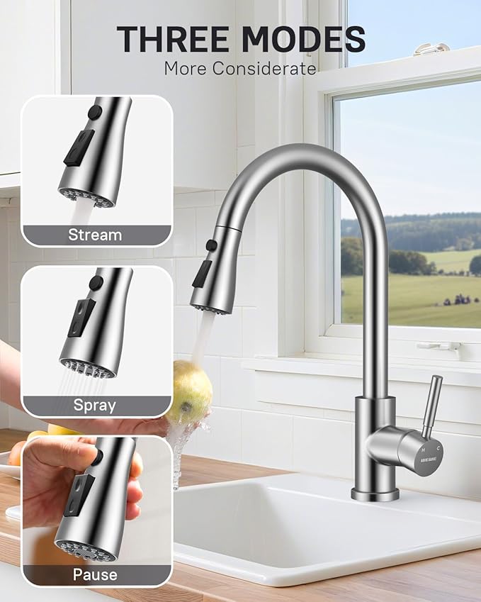 WEWE Kitchen Faucets with Pull Down Sprayer, Leak-Proof Stainless Steel Lead-Free Single Handle 1 Hole for Family Kitchen Commercial Camper Laundry Rv Bar, Brushed Nickel Bar Sink Faucet