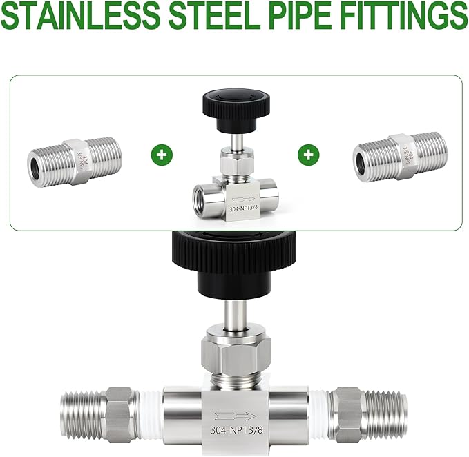 TAISHER 1PCS 304 Stainless Steel Straight Needle Valve 3/8" Female NPT For Flow Control Water Gas Oil With Nipple
