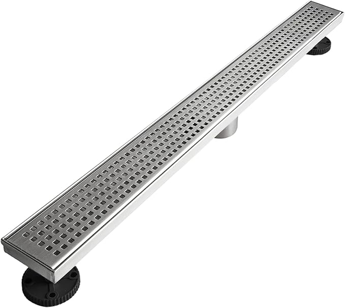 Neodrain 28-Inch Linear Shower Drain with Removable Quadrato Pattern Grate, Brushed 304 Stainless Steel Rectangle Shower Floor Drain,Linear Drain with Leveling Feet,Hair Strainer