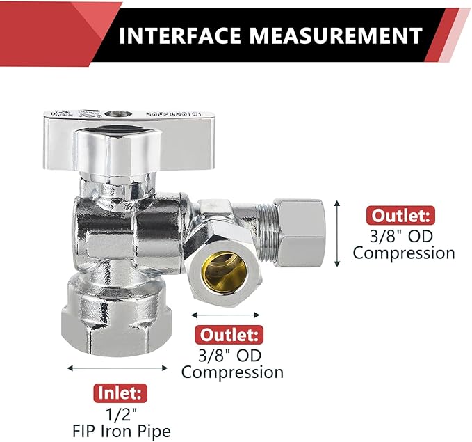 (Pack of 2) EFIELD Dual Compression Outlet,1/4-Turn Angle Stop Valve,1/2" Fip Iron Pipe x (3/8 inch x 3/8 inch),Chrome Plated Brass,(VALVE209)
