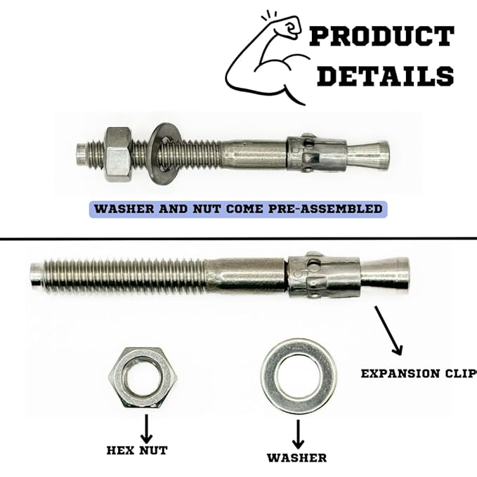 Wedge Anchors – Heavy-Duty 304 Stainless Steel Expansion Bolts for Concrete & Masonry, Rust-Resistant & Durable - 5/16" X 3" - 50 Pack