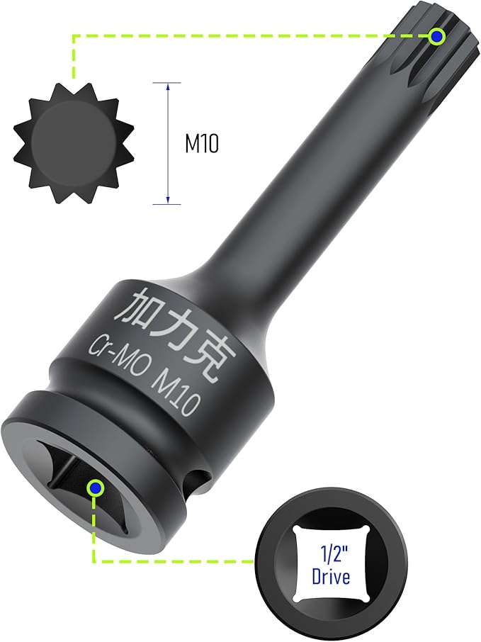 1/2-Inch Drive x M10(10mm） Impact XZN Triple Square Spline Bit Socket, Metric Lengthen Screwdriver Socket Adapter, 3-Inch Length, CR-MO Steel, One-Piece Construction, Black