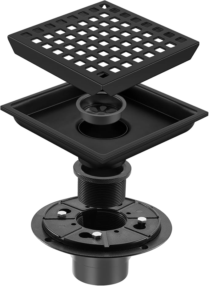 Shower Drain, Matte Black 6 inch Square Shower Floor Drain with Flange, Removeable Grid Panel SUS 304 Stainless Steel Square Shower Drain