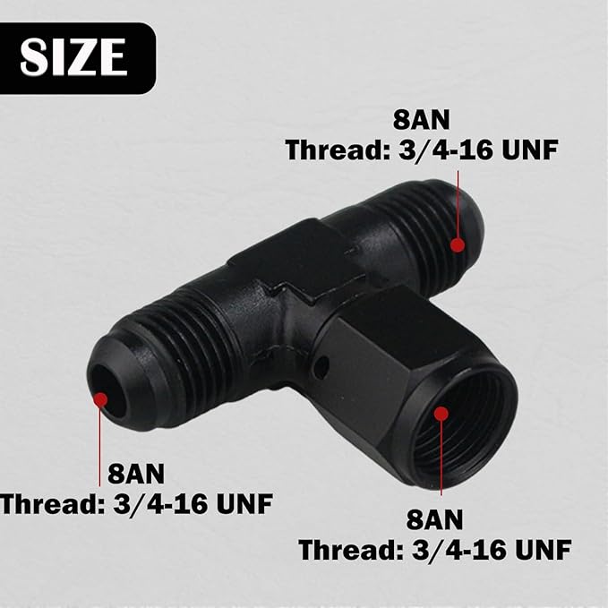 8AN Male Tee Fitting Adaptor with AN8 Female Swivel on Side Black