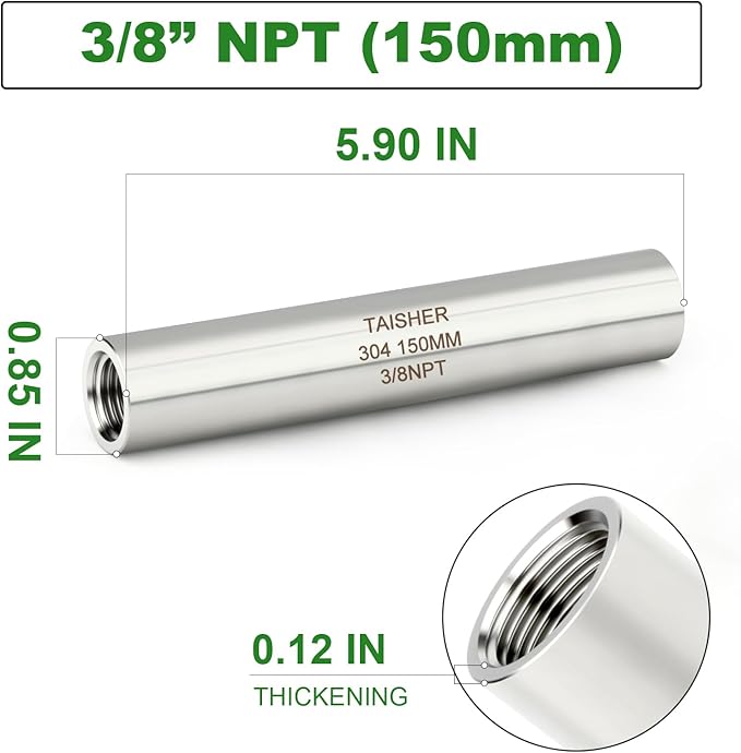 TAISHER 2PCS Stainless Steel Pipe Fittings, 3/8" NPT Female x 3/8" NPT Female Threaded, 6" Length Thickened Nipple Cast Pipe