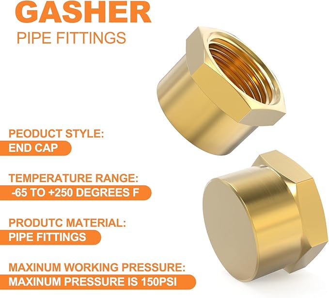 GASHER 1/2"NPT Brass Pipe Cap, NPT Female Thread Socket Pipe End Cap Plugs Fitting 10PCS