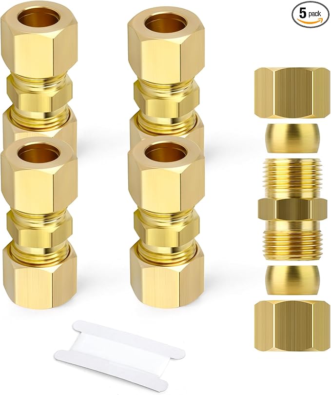 GASHER 5PCS Brass Compression Tube Pipe Fitting Connector, 5/8" Tube OD x 5/8" Tube OD Connector