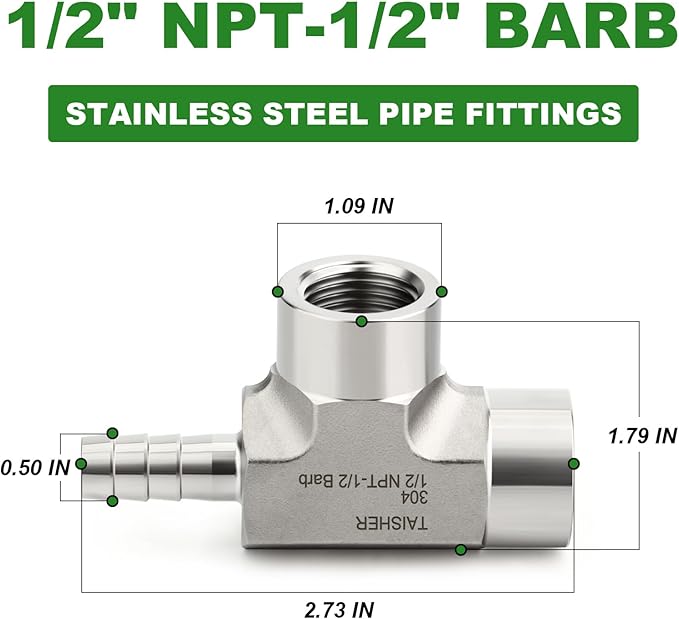 TAISHER 1PCS Forging of 304 Stainless Steel 3 Way Tee Hose Barb Fitting, 1/2" Hose Barb x 1/2" NPT Female x 1/2" NPT Female for Fuel/Air/Lquid/Gas with 2PCS Hose Clamp