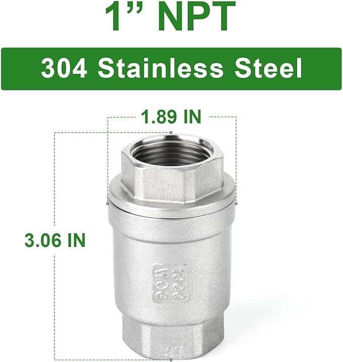 TAISHER 1PCS 304 Stainless Steel 1" NPT Female Vertical Check Valve，Backflow Prevention, One Way Spring Check Valves CF8 WOG 1000