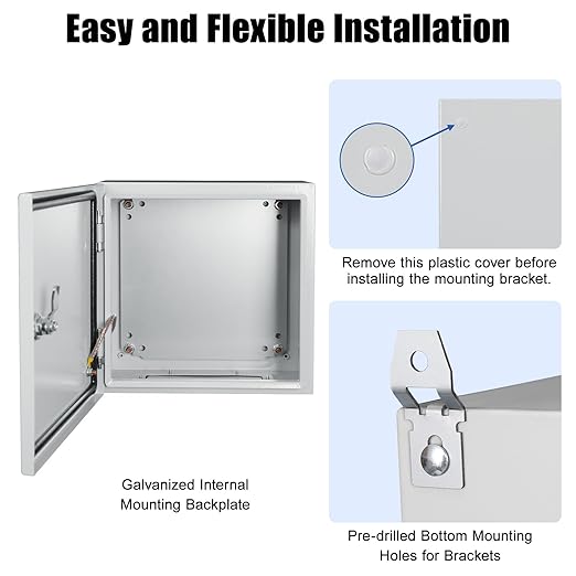 LeMotech Electrical Box 12 x 12 x 6 inch Junction Box, IP66 Waterproof Dustproof Steel Enclosure Wall-Mounted for Outdoor/Indoor Lockable with Equipment Mounting Plate