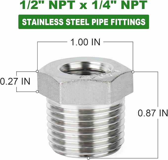 TAISHER 10PCS 304 Stainless Steel Reducer Hex Bushing, 1/2" NPT Male x 1/4" NPT Female, Reducing Pipe Adapter Fitting