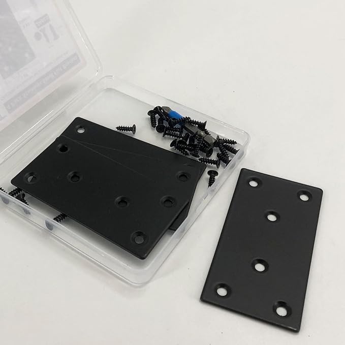 QSJ 4 Pack Black Flat Mending Plate,Six-Hole Metal Bracket, Straight Steel Brace 3.94 x 1.97'', Fixing Joining Plate for Wood with 24PCS Screws, 1x Screwdriver.