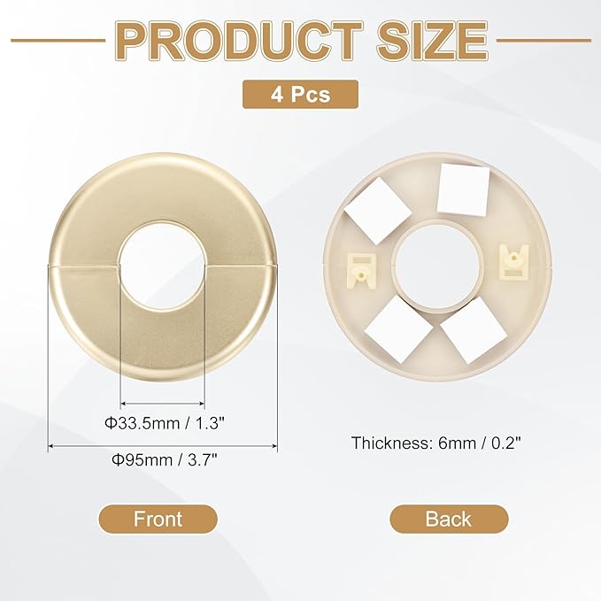 PATIKIL Wall Split Flange 95mm / 3.7" OD, 4 Pcs Round Escutcheon Plate Cover PPR Plumbing Cover Plates with Self-Adhesive Tape for 33.5mm / 1.3" Dia Water Pipe Faucet, Gold