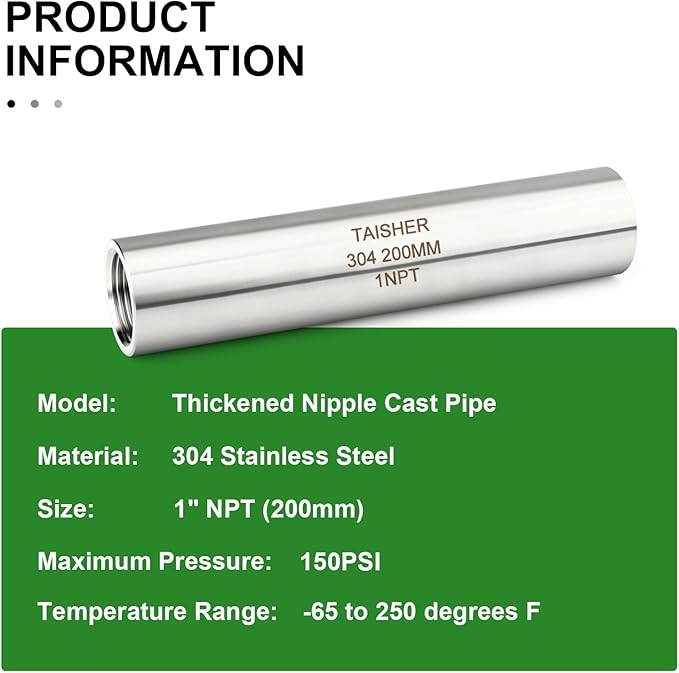 TAISHER 2PCS Stainless Steel Pipe Fittings, 1" NPT Female x 1" NPT Female Threaded, 8" Length Thickened Nipple Cast Pipe