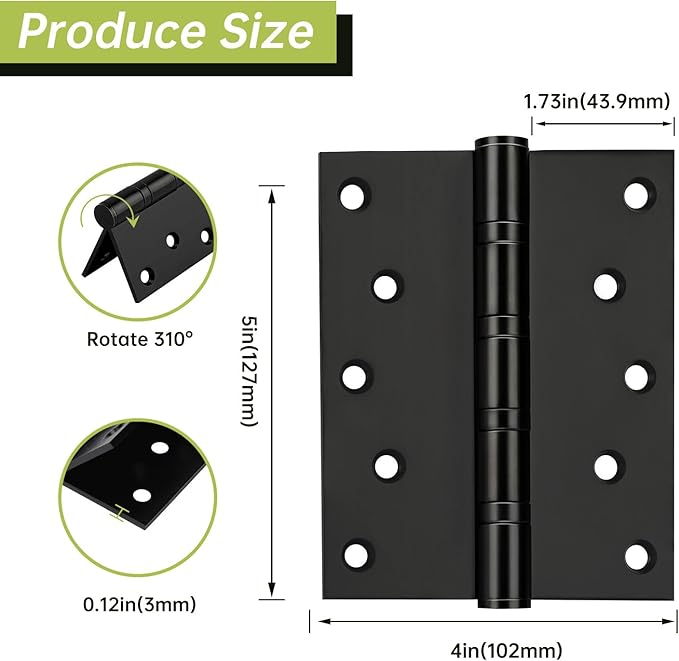5" Ball Bearing Door Hinges 6 Pack, Heavy Duty Stainless Steel Hinge 5 x 4 Inch for Interior Exterior Doors, with Stainless Steel Screws, Matte Black
