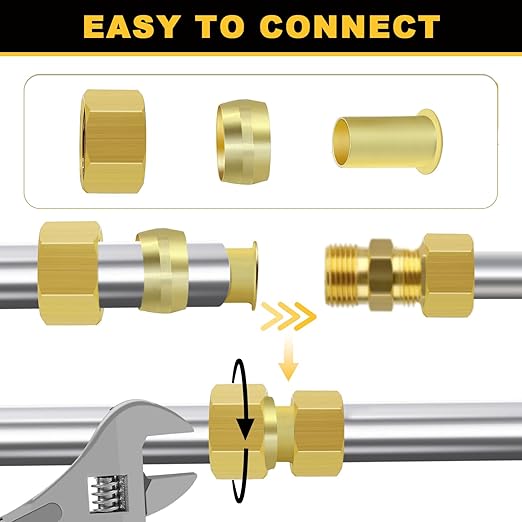 Siptenk 255PCS Brass Compression Sleeves Ferrules Inserts Nuts Fittings for Tube OD 1/2" 3/8" 5/16" 1/4" 3/16" 1/8", 6 Sizes Hose Compression Fitting Brass Ferrule Kit
