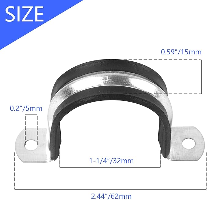 1-1/4 Inch Reinforced Rigid Pipe Strap, 2 Holes U Bracket Cable Clamp Hanger, Rubber Cushioned Insulated Clamp, Conduits Strap Clamps for Pipe Fixing on Various Surfaces, 10 PCS(32 mm)