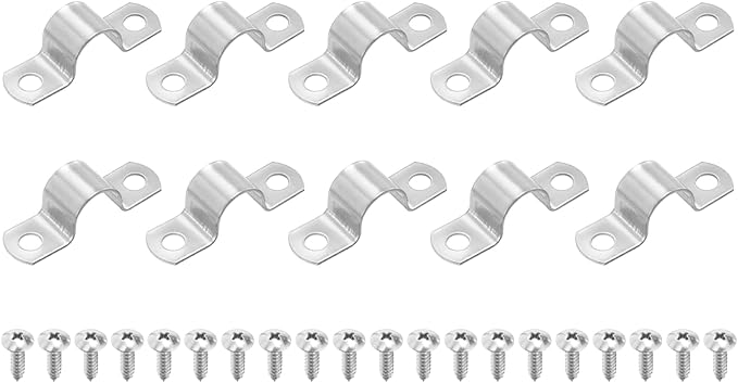 uxcell 10Pcs 18mm(11/16") Two Hole Rigid Pipe Strap, 304 Stainless Steel Conduit Clamp Thicken U Bracket Heavy Duty Pipe Clamp with Self-Tapping Screws for Fixing Tube Cable, Silver