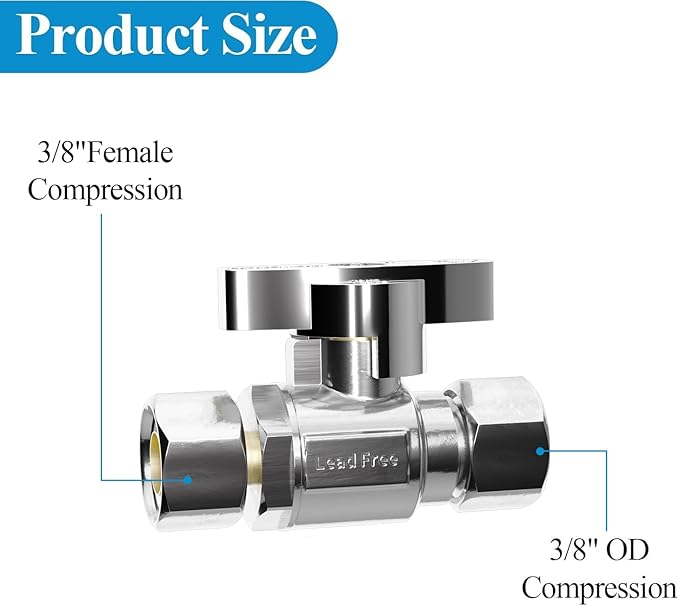 WiseWater Straight Stop Valve 3/8"FIM x 3/8" Compression, 1/4 Turn Chrome Plated Brass Shut Off Valve for Sink, Ice Maker, RV Water Line (10-Pack)