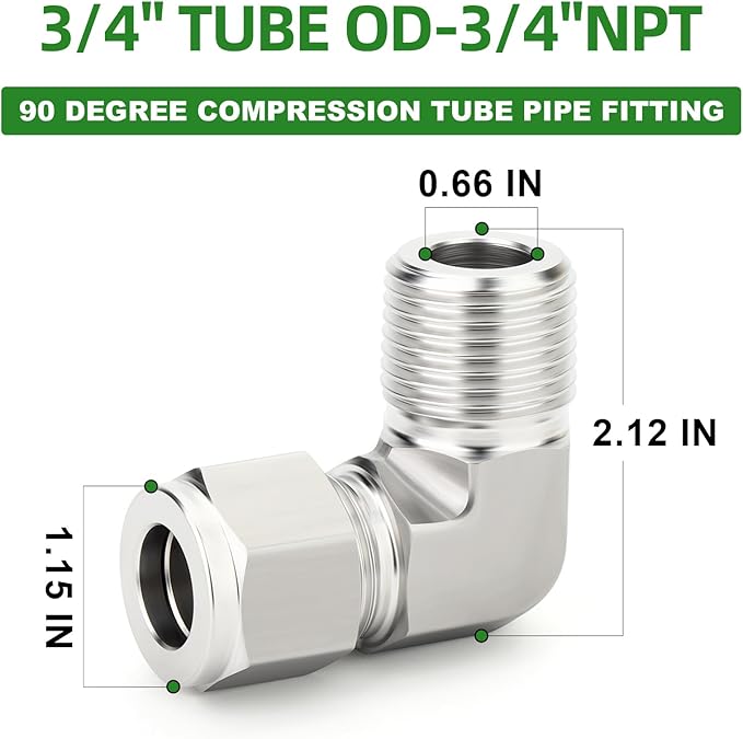 TAISHER 1PCS 316 Stainless Steel 90 Degree Compression Tube Pipe Fitting Connector, 3/4" Tube OD x 3/4" NPT Male Adapter