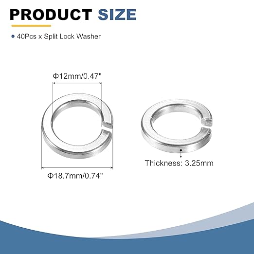 uxcell 40 Pcs M12 Split Lock Washers, 304 Stainless Steel Spring Lock Washer 12mm ID 18.7mm OD 3.25mm Thick for Screws Bolts Fasteners