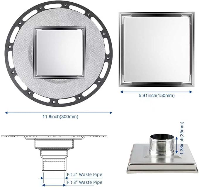6-Inch Square Shower Drain Kit with Tiled Insert Grate, Brushed Stainless Steel Cover, PVC Bonding Flange & Hair Strainer, Fits 2" & 3" Pipes for Tiled Floors