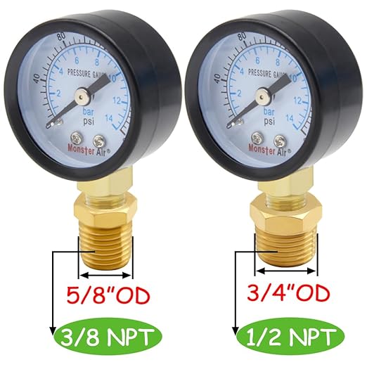 Pressure Gauge 0-200PSI 1-1/2" Dial Stainless Steel Case 1/8" NPT Male Brass Bottom Mount Include 1/2" NPT and 3/8" NPT Connector Universal Multifunctional