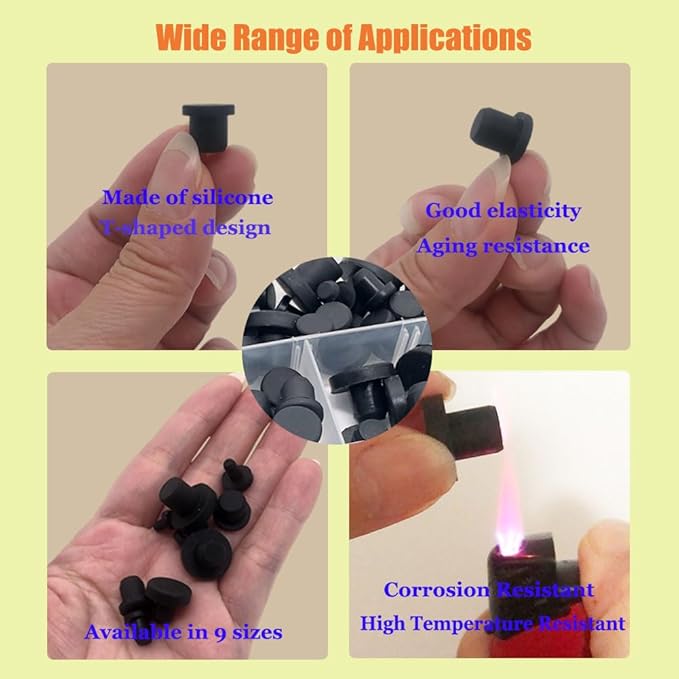 100 Pcs Silicone Rubber Hole Plugs Set - 9 Sizes T-Type Black Silicone Plugs Caps for Powder Coating, Waterproof Sealing, Pipe/Test Tube Caps - Heat Resistant, Durable, Multi-Purpose (Black)