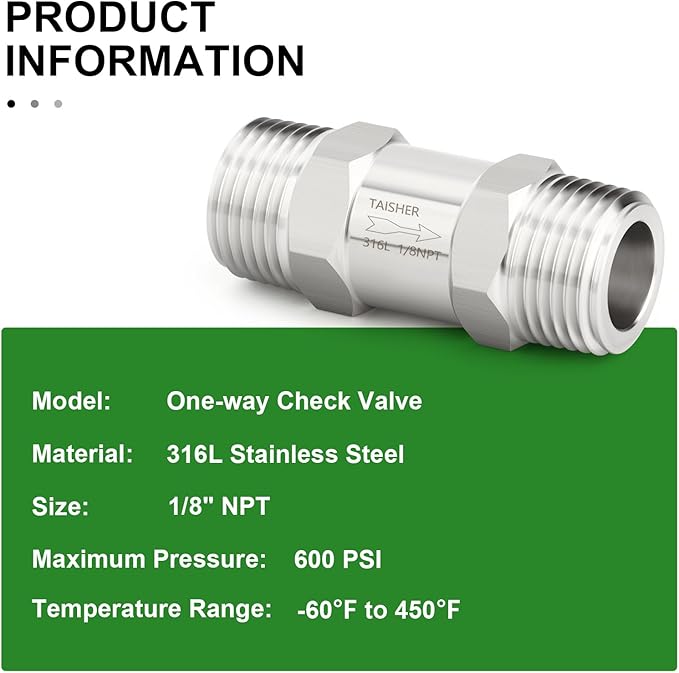 TAISHER 1PCS 316L Stainless Steel 1/8" NPT Male Check Valve,Backflow Prevention,One Way Non-Return Check Valves
