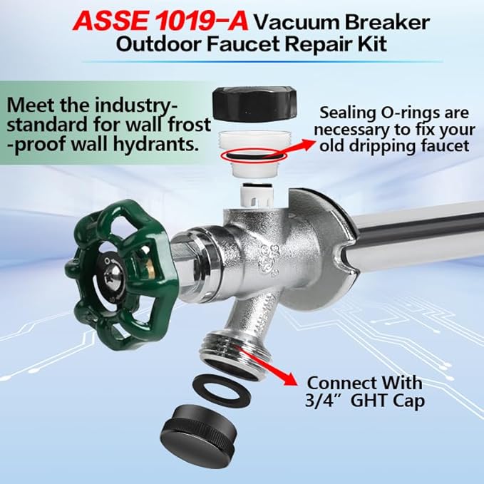 2PCS ASSE 1019-A Repair Kit(Fine Thread), ASSE 1019 A Vacuum Breaker Replacement, Anti Siphon Valve Repair Kit, 2PCS Outdoor Faucet Repair Kit(Black) with 2PCS 3/4"GHT Hose End Caps(Black)
