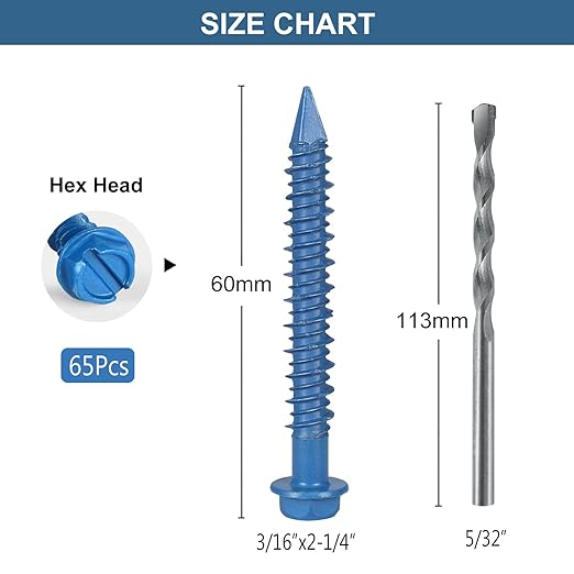 3/16x2-1/4 Inch 65Pcs Hex Head Concrete Screws, Screws Anchor with Drill Bit,for Masonry, Block, Brick, Cement, Stucco, No Pre Drilling, Diamond Point