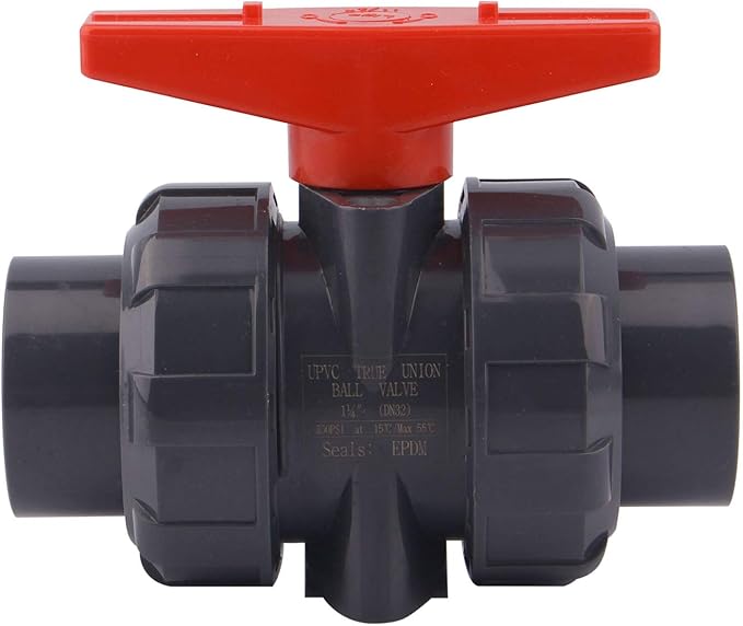 DERNORD PVC True Union Ball Valve with Full Port, EPDM O-Rings, and Reversible PTFE Seats,Rated at 200 PSI (1 1/4 inch Socket)