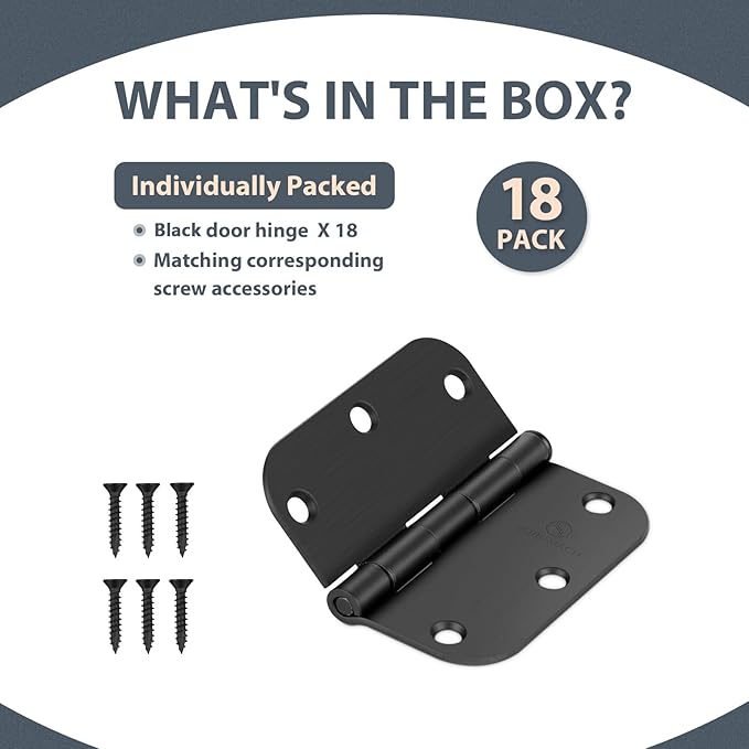Door Hinges 3 1/2 Inch Matte Black 3.5 Inch Interior Hinges 5/8" Radius Round Door Hinge 3 1/2 Inch Iron Hinge 3 ½"x 3 ½" Door Hardware- 18 Pack