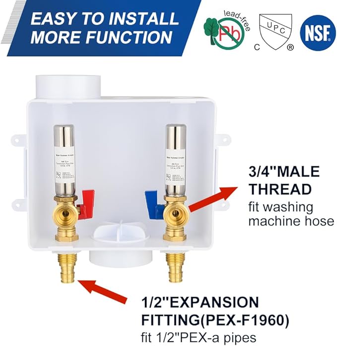 EFIELD Universal Washing Machine Outlet Box, 1/2-inch Pex-A Expansion Fitting Connection With Stainless Steel Water Hammer Arrestor, Center Drain,(WM053)