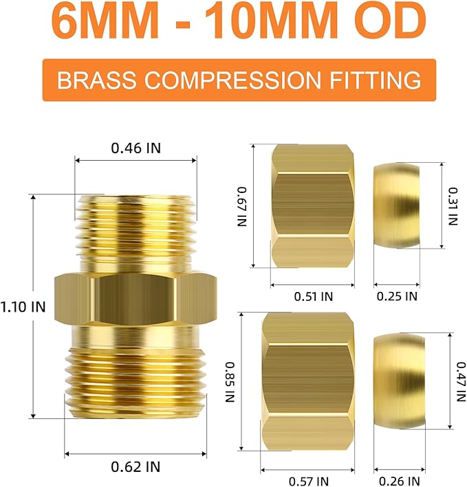 GASHER 5PCS Brass Compression Tube Pipe Fitting Connector, 6mmx10mm Tube OD Connector