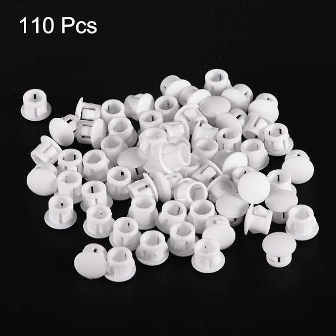 uxcell 5/16" Plastic Hole Plugs, 110Pcs Flush Type Panel Round Snap in Fastener Knockout Locking Plugs for Furniture Insert End Caps Panels, White